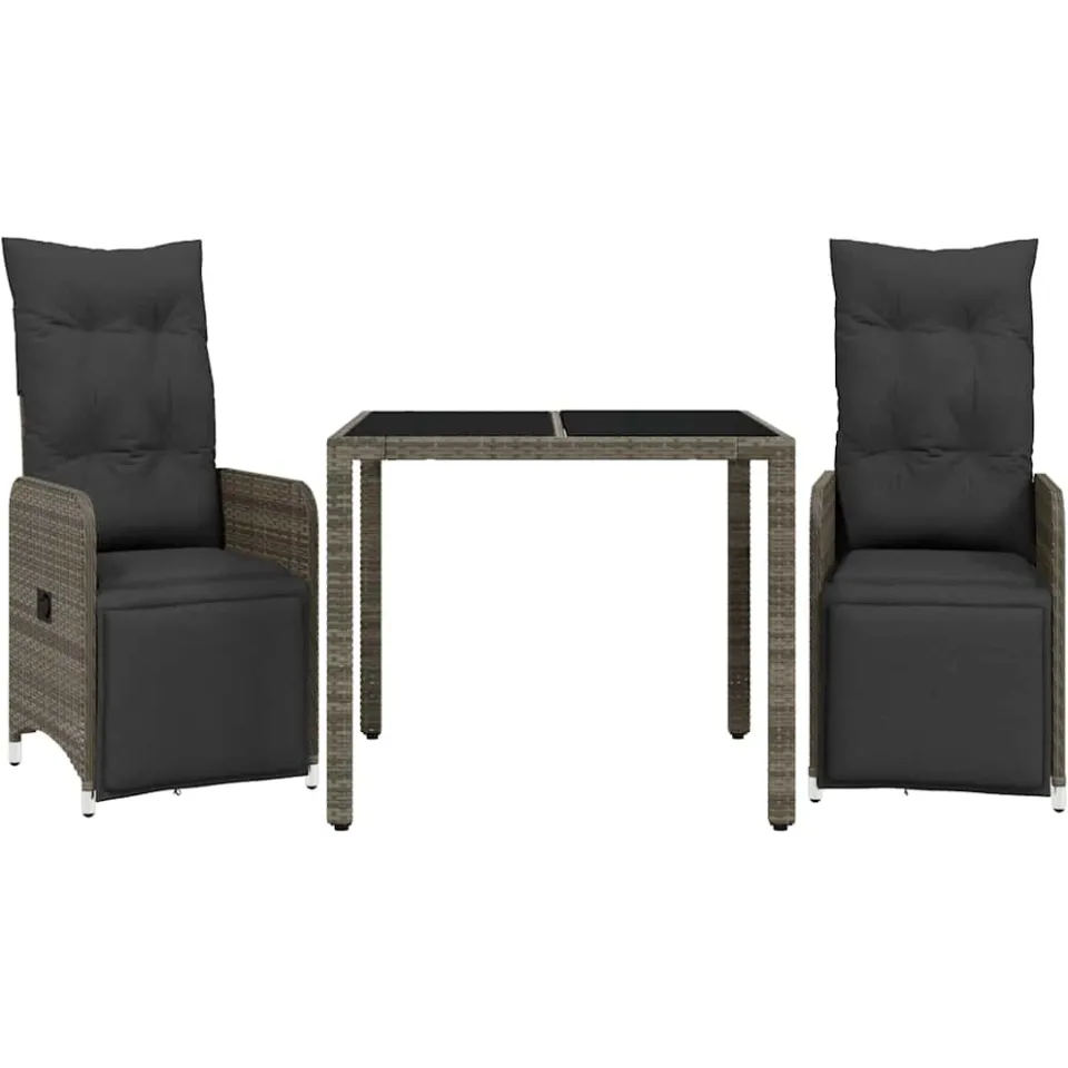 vidaXL 3-delige Bistroset met kussens poly rattan grijs