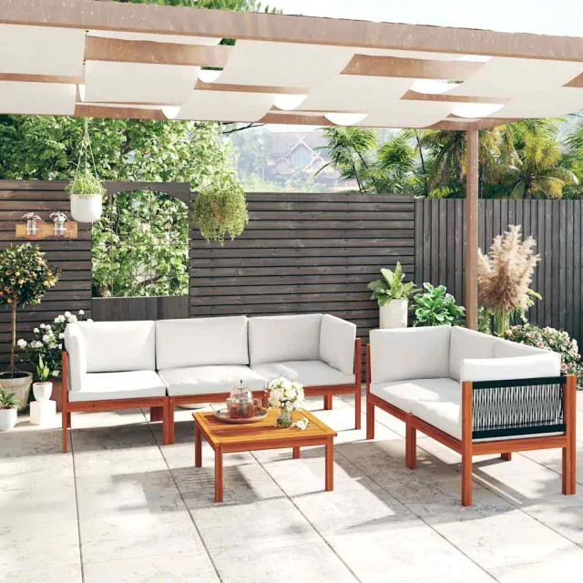 vidaXL 6-delige tuinloungeset met kussens crèmekleurig acaciahout en touw