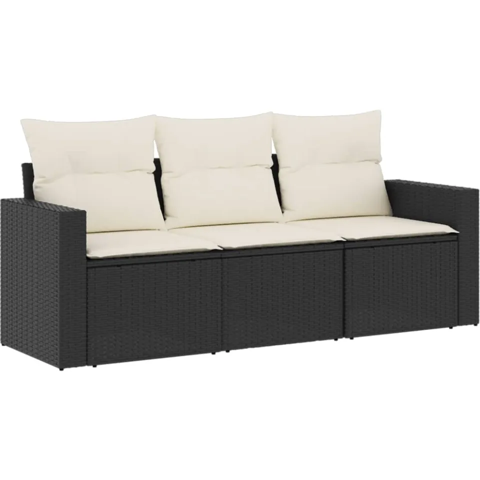 vidaXL 3-delige Loungeset met kussens poly rattan zwart