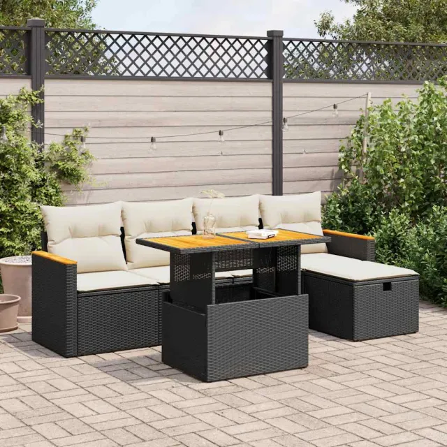 vidaXL 6-delige Loungeset met kussens poly rattan zwart, foto 2