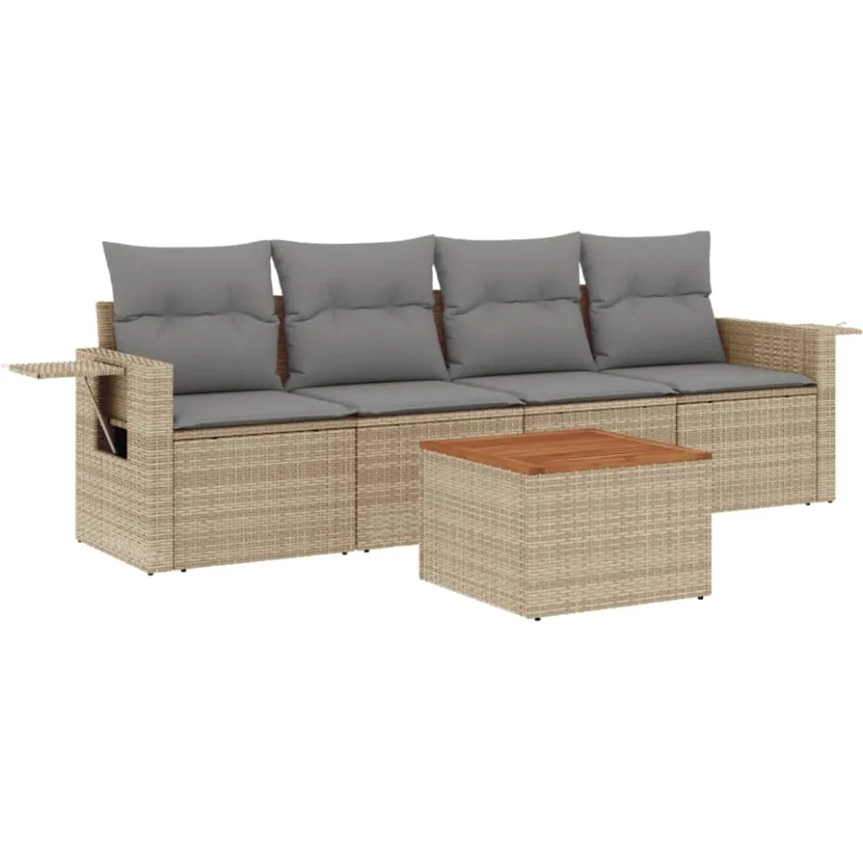 vidaXL 5-delige Loungeset met kussens poly rattan gemengd beige, foto 3