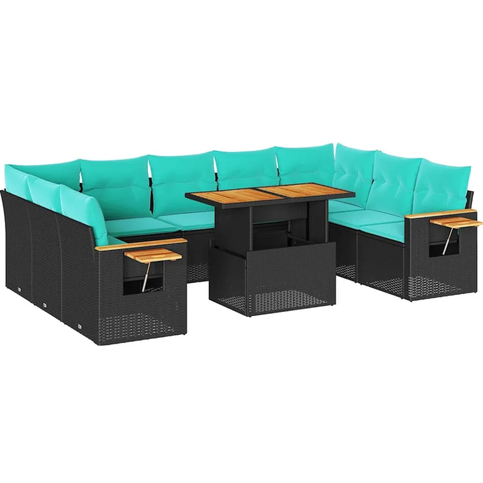 vidaXL 10-delige Loungeset met kussens poly rattan acacia zwart, foto 3
