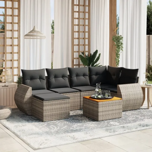 vidaXL 7-delige Loungeset met kussens poly rattan grijs, foto 2