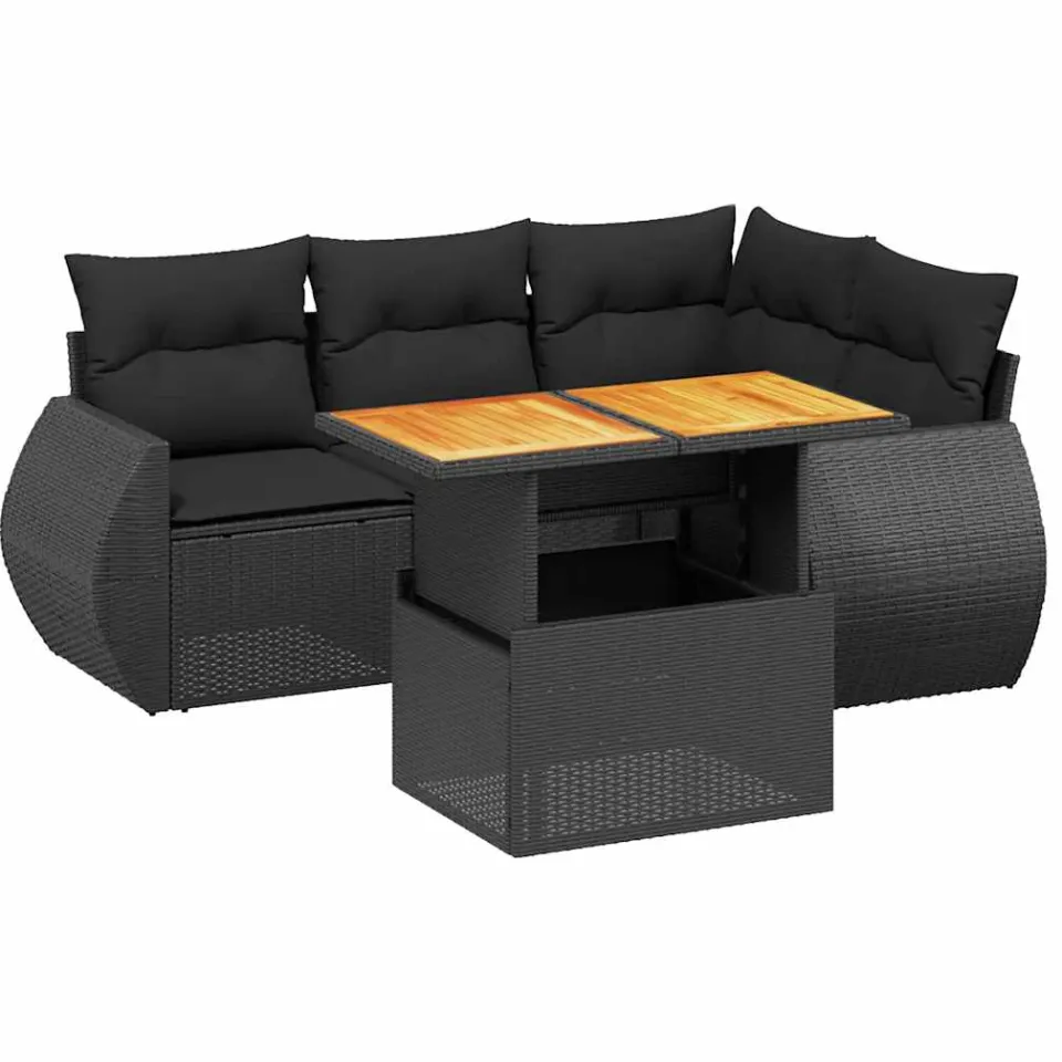 vidaXL 5-delige Loungeset met kussens poly rattan zwart, foto 3