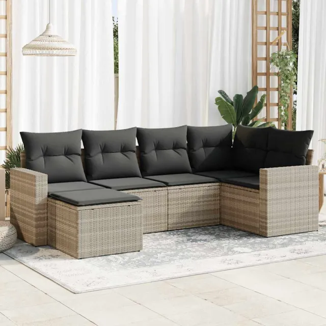 vidaXL 6-delige Loungeset met kussens poly rattan lichtgrijs grijs, foto 2