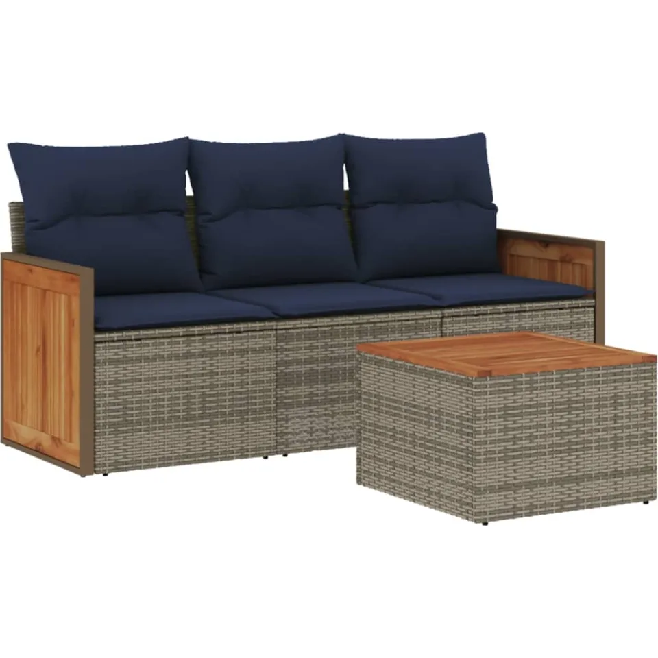 vidaXL 4-delige tuinbankset met kussens, grijs polyrotan, foto 3