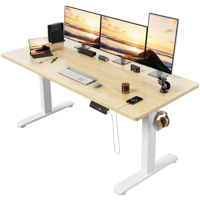 Devoko Elektrisch Verstelbaar Zit-Sta Bureau 160 × 80 cm – 18 mm Dik Tafelblad – Hoogte 72–118 cm – 3 Geheugenstanden en LED-Display – 4000 TPM Stille Motor – Draagvermogen 80 kg – Beige