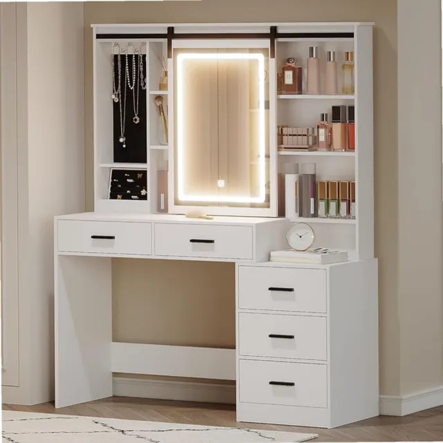 Sierra , Kaptafel met Verstelbare Ledverlichting, Grote Afneembare Spiegel, Sieradenopbergruimte, Open Planken, 5 Lades, met Bijzettafeltje, voor Slaapkamer, WitDT33103X