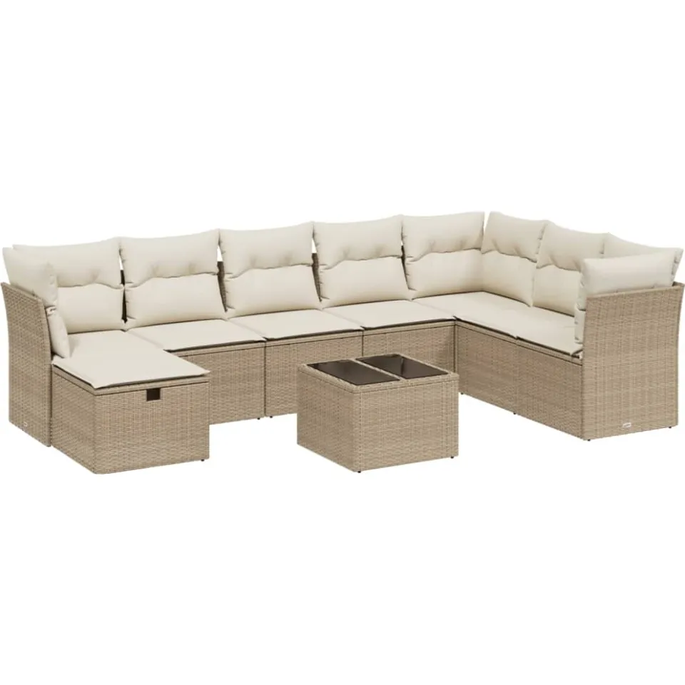 vidaXL 9-delige Loungeset met kussens poly rattan beige