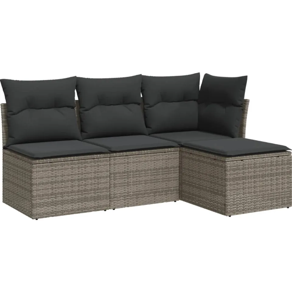 vidaXL 4-delige Loungeset met kussens poly rattan grijs, foto 3