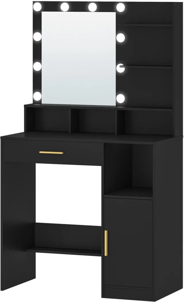 Happiq Dressing Table – Voor Slaapkamer en Make-up – Kaptafel met Spiegel, 10 LED-Lampen, 3 Planken, 4 Open Vakken en Grote Lade – Zwart Black