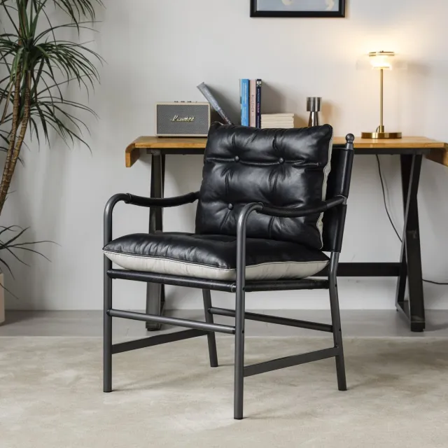 MUVANO zwarte leren fauteuil - mid century modern accentstoel - luxe zithoek - 60x62x90 cm - comfortabel ontspannen - voor woonkamer en kantoor Zwart