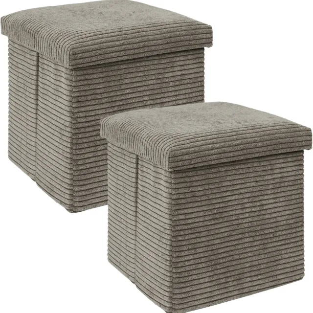 HOME DECO FACTORY Poef/hocker opvouwbaar - 2x - rib design - opbergbox - zacht taupe - polyester/mdf - 38 x 38 cm