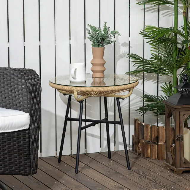 HAUSS SPOLE Bistrotafel - Ronde Tuintafel Met Gehard Glas En PE-Rattan - Voor Balkon En Terras - Metaal Glas Rattan - 50 x 50 x 50 cm - Beige Zwart