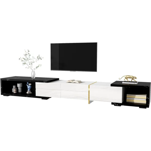 Clruro TV-Meubel 140–260 cm - Verstelbaar Lowboard Met Draaifunctie - Marmerlook Afwerking - Onbekend - Zwart en Wit Wit + Zwart