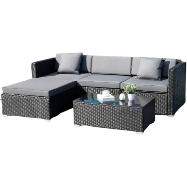 Bolt Edge Polyrotan Lounge Tuinset voor 4 Personen - 5-delige Tuinset met Hoekbank, Salontafel en Kussens - Geschikt voor Patio & Tuin - Zwart Grijs
