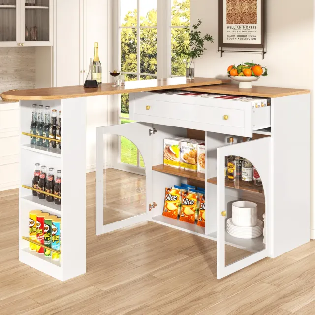 Maisentiel Uitschuifbare bartafel met opbergruimte en 360° draaifunctie - wit - 138-204 x 39 x 104 cm