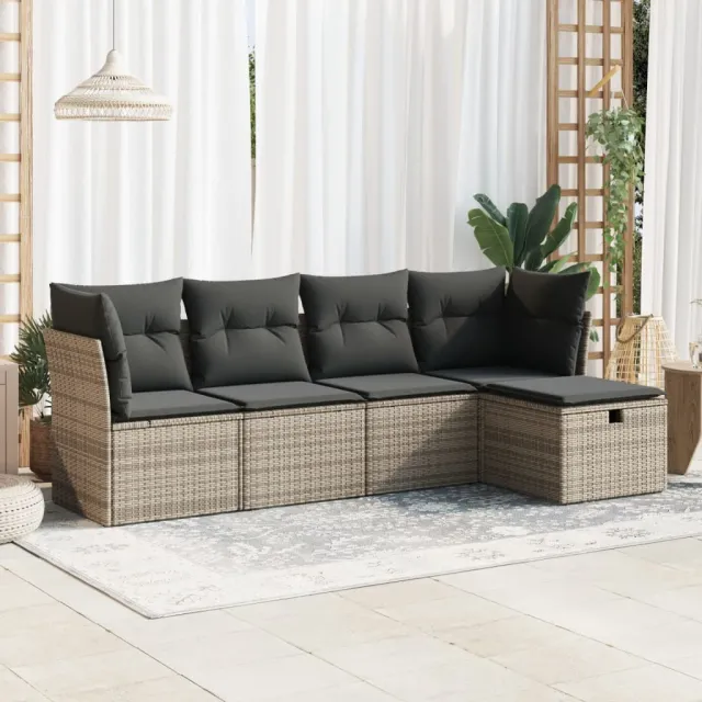 vidaXL 5-delige Loungeset met kussens poly rattan grijs, foto 2