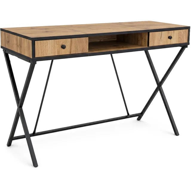 Akord Computertafel Bureau CROSSLINE / Industrieel / Eiken Craft / 120 cm / 2 Lades / 1 Plank / Zwarte Poten