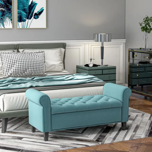 HAUSS SPOLE Opbergbank - Gestoffeerd Bankje Met Verborgen Opbergruimte - Voor Slaapkamer En Hal - Polyester En Hout - 126x48,5x57 Cm - Groen