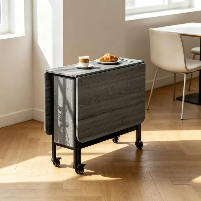 HAUSS SPOLE Inklapbare Uitschuifbare Eettafel Op Wielen Met Opbergruimte Voor Keuken En Woonkamer Spaanplaat En Metaal Grijs 130 x 80 x 74 cm