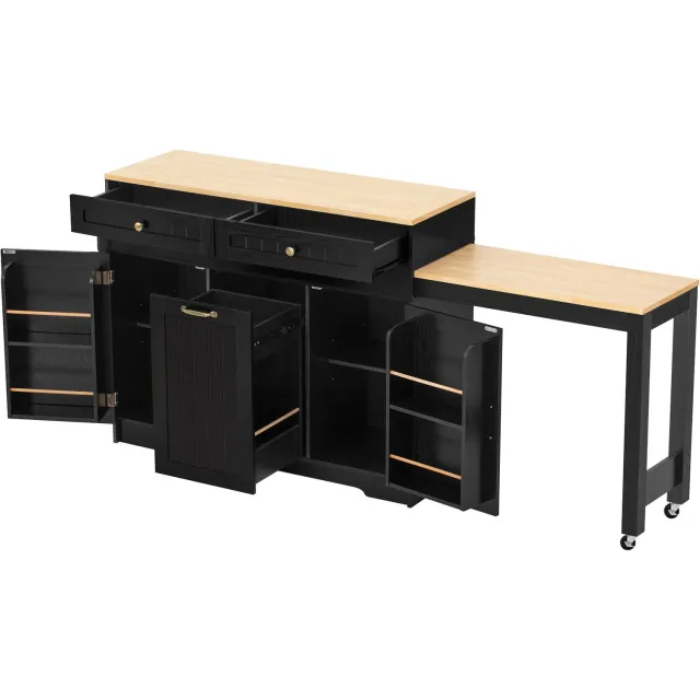 REDOM Keukeneiland 188,6 cm - Uitschuifbare tafel, 2 lades en opbergruimte - Zwart/naturel Zwart en naturel houtkleurig