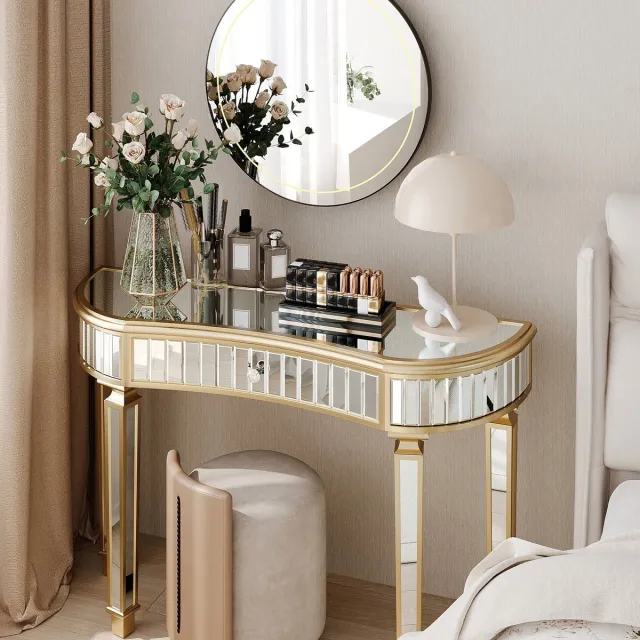 MIVRAY Consoletafel - Halfrond Met Spiegelglas En Lade - Voor Hal En Woonkamer Of Slaapkamer - Glas En MDF - Goud Zilver