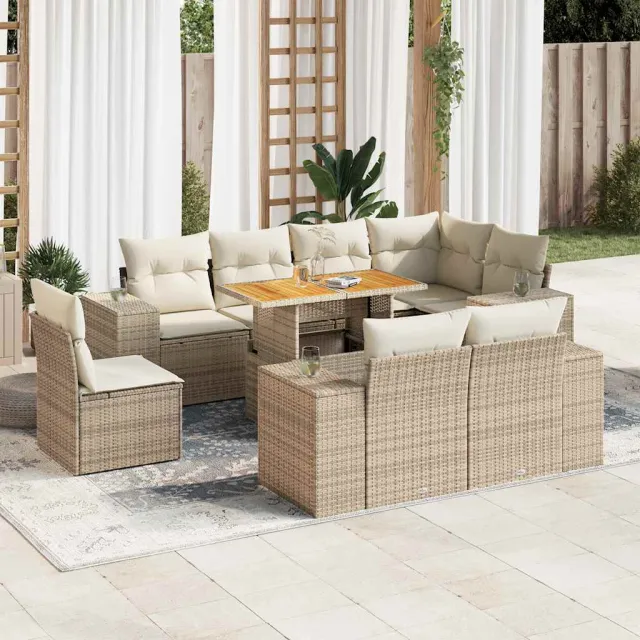 vidaXL 9-delige Loungeset met kussens poly rattan beige, foto 2