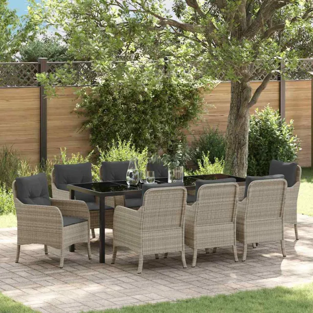 vidaXL Tuin eettafelset 9 st Lichtgrijs poly rattan