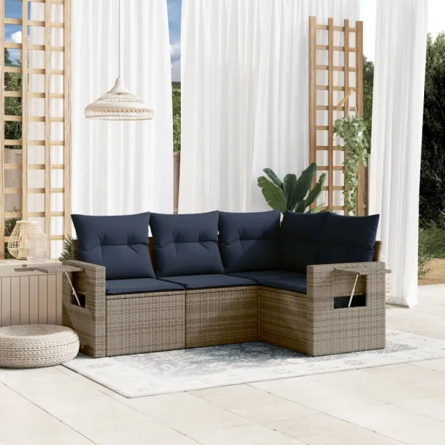 vidaXL 4-delige tuinbankset met kussens, grijs polyrotan, foto 2