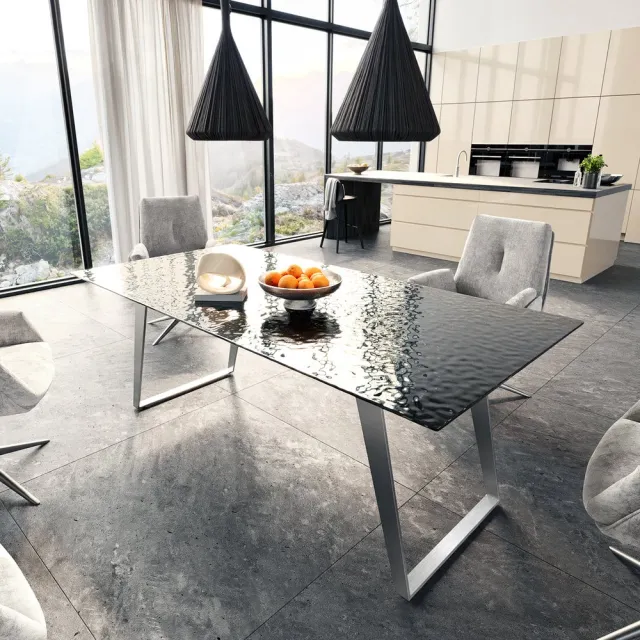 DELIFE Eetkamertafel Edge Glas smelten rokerig zwart 3D-Relief 200x100 RVS schuin
