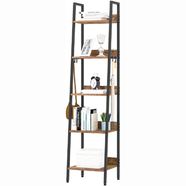 LabelOne Boekenkast - Opbergkast - Stellingkast - 5 legplanken - metalen frame - vier ophanghaken - 40x36x170 cm - zwart/bruin