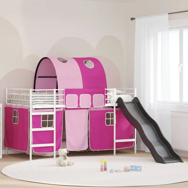 vidaXL Bunkbed voor kinderen met gordijnen Wit en Roze 100 x 200 cm