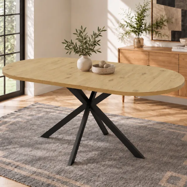 HAUSS SPOLE Eettafel - Uitschuifbaar van 120 tot 160 cm - Ovaal Tafelblad voor Eetkamer en Keuken - MDF en Metaal - 160x80x75 cm - Houtkleur
