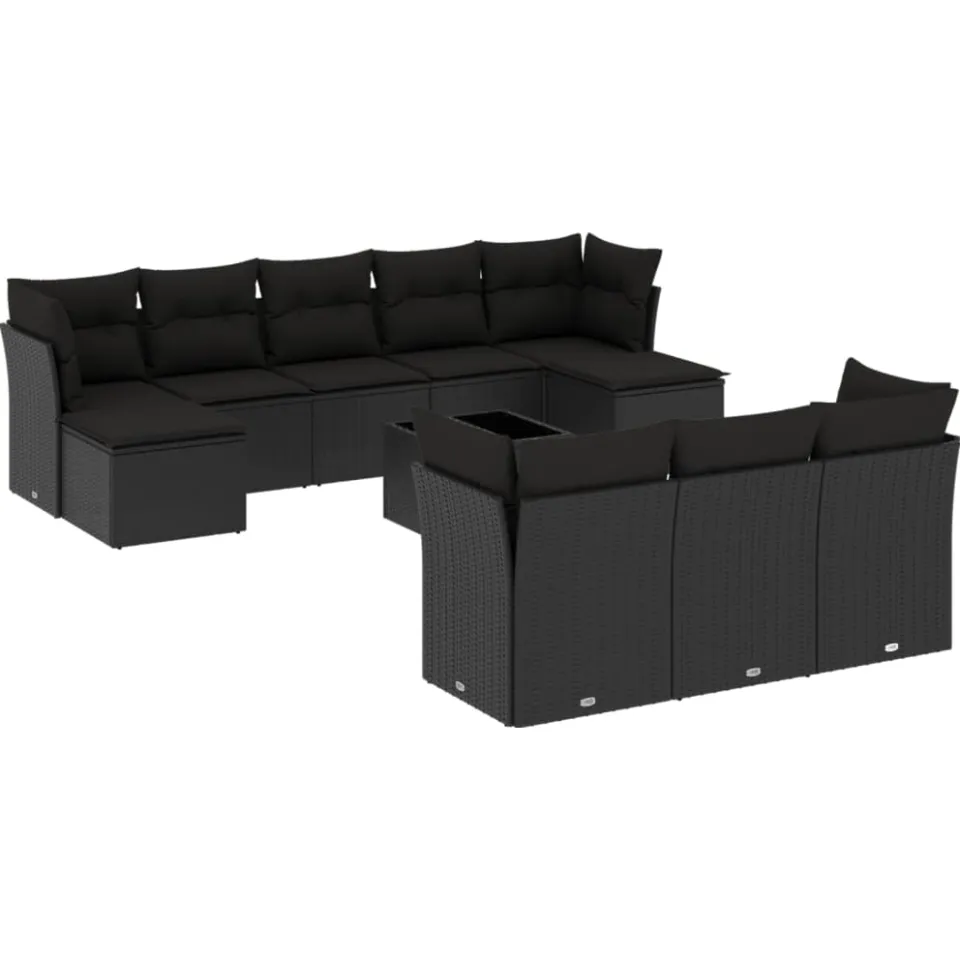vidaXL 11-delige Loungeset met kussens poly rattan zwart, foto 3