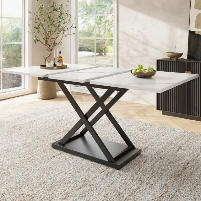 COVREO Eettafel 120-160x80x75 cm – wit marmerlook fineer, zwart metalen X-onderstel, uitschuifbaar