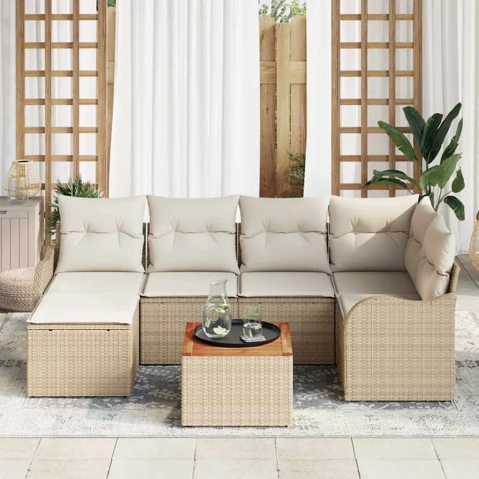 vidaXL Tuinbankenset 7 st Beige en Crème poly rattan