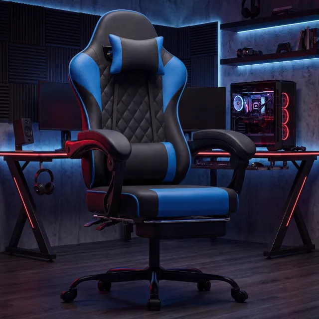 Maisentiel Gamingstoel met verstelbare hoofdsteun, lendensteun en voetsteun - zwart-blauw Zwart en blauw