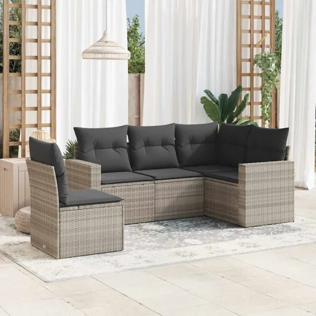 vidaXL 5-delige Loungeset met kussens poly rattan lichtgrijs grijs, foto 2