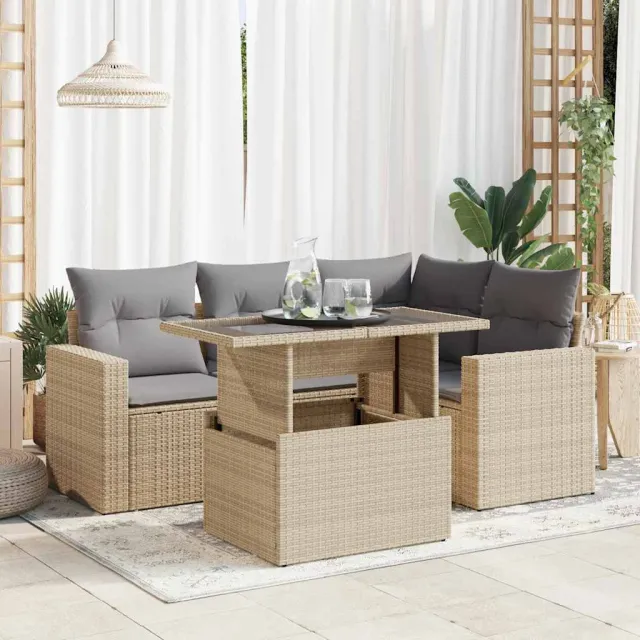 vidaXL 5-delige Loungeset met kussens poly rattan beige, foto 2