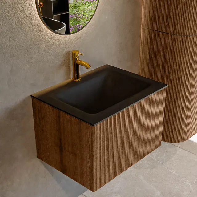 Mondiaz KURVE 60 cm Onderkast Greeploos 1 Lade Zonder Deuren Walnut, Wastafel Solid Surface Midden Urban 1 Kraangat Zonder Spiegel (KRVCLO601L0D1KM-Wal/Urb)