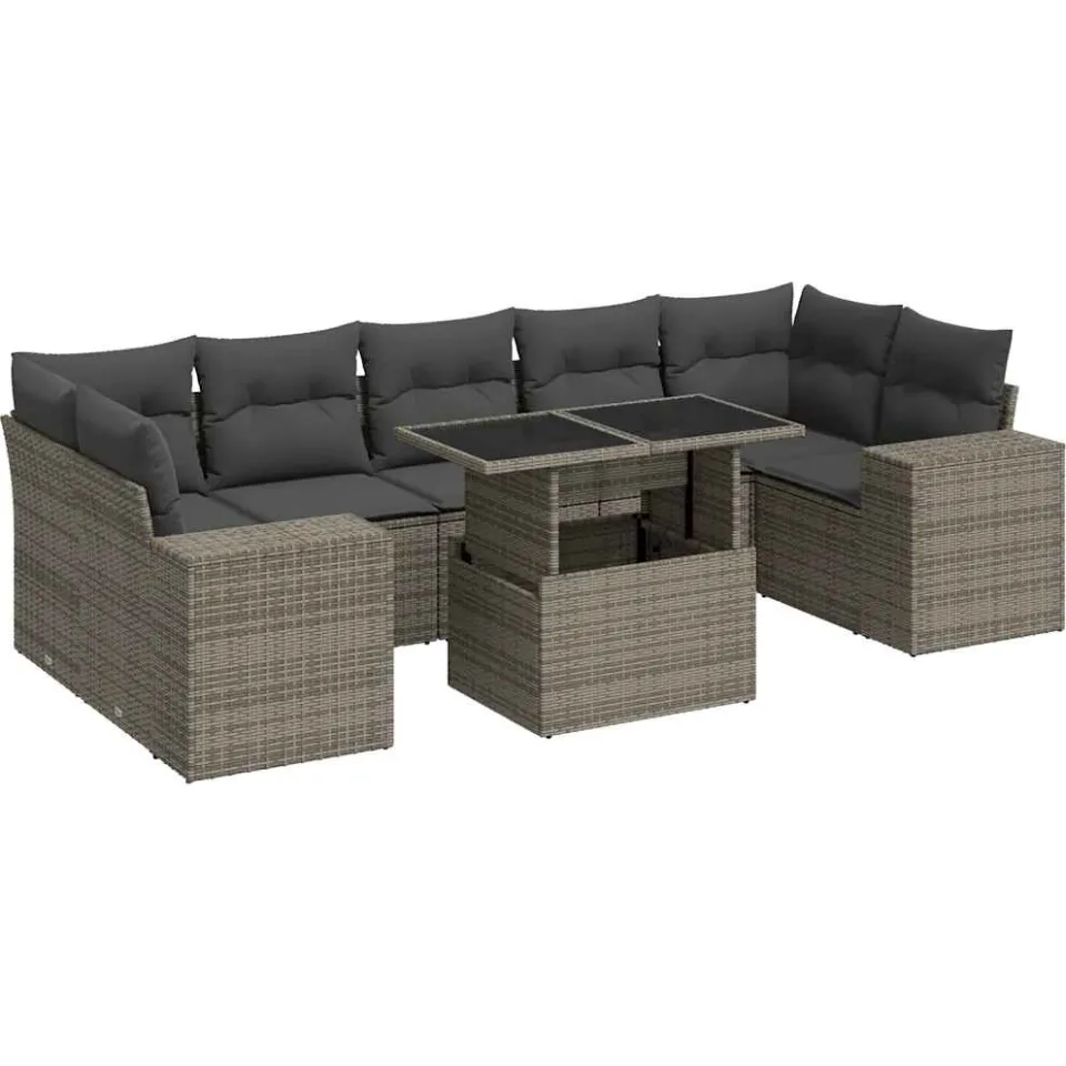 vidaXL 8-delige Loungeset met kussens poly rattan grijs, foto 3