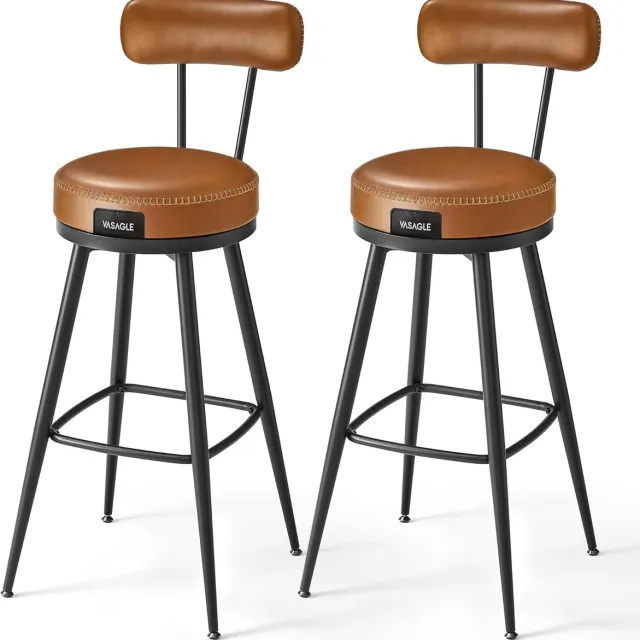 FurnStar Barkruk set van 2 - 360° draaibare barkruk - Kruk met rugleuning voor bartafel - Kunstleer met naden - Mid-Century moderne stijl - 76 cm hoog - Keuken huisbar - Karamelbruin