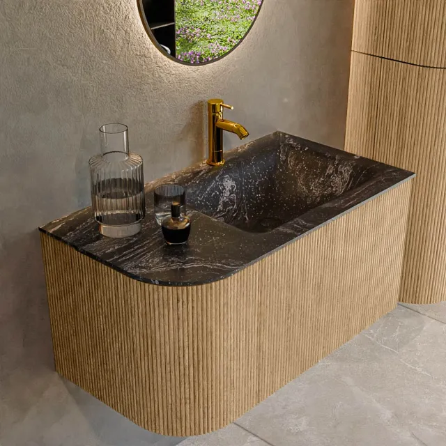 Mondiaz KURVE-DLUX 85 cm Onderkast Greeploos 1 Lade Met Deuren Oak, Wastafel Solid Surface Rechts Lava 1 Kraangat Zonder Spiegel (KRVCLO85L1L1D1KR-Oak/Lav)