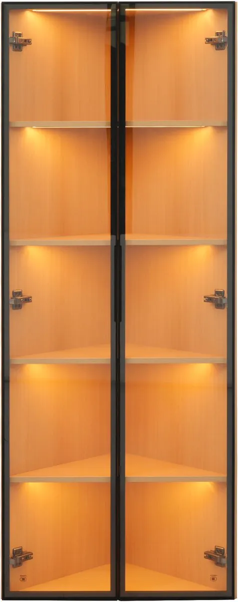 in& out door furniture LED vitrinekast 62x35x160cm – Buitenkant van eikenhout, geïntegreerde LED-verlichting, stofvrije kast van gehard glas, hoekvitrine met deur – Verzamelkast, boekenkast, wijnkast, badkamermeubel-Eiken