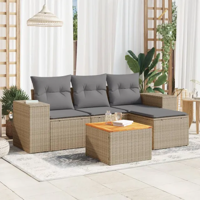 vidaXL 5-delige Loungeset met kussens poly rattan beige, foto 2