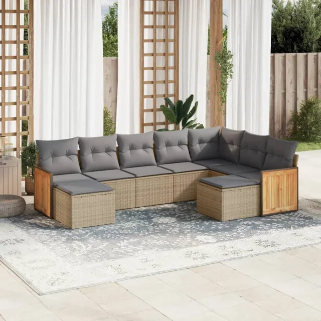 vidaXL 9-delige Loungeset met kussens poly rattan beige, foto 2