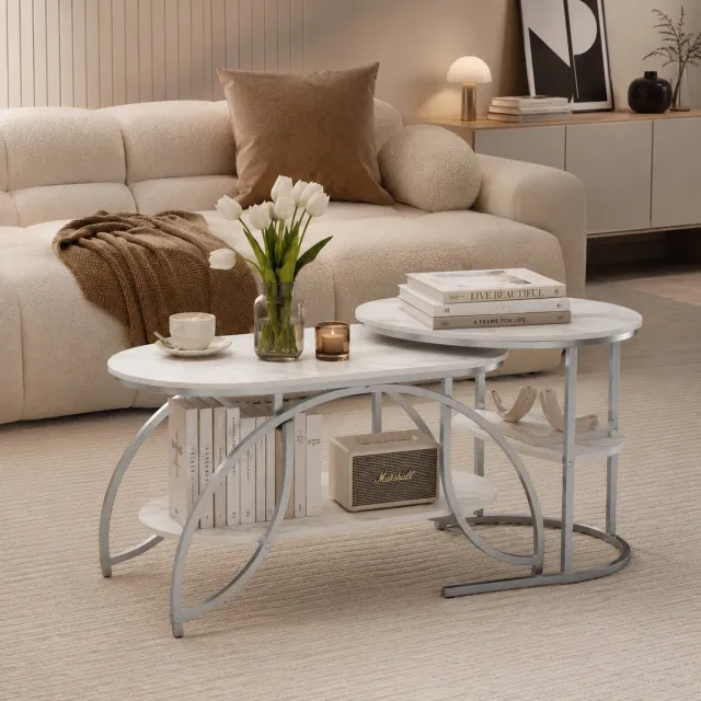 MEXUS Salontafel set van 2 - en Metaal - Bijzettafel met 4 Niveaus - Voor Woonkamer, Slaapkamer - 80/52cm - Wit Marmer - Industrieel Design - Wit Metalen Frame