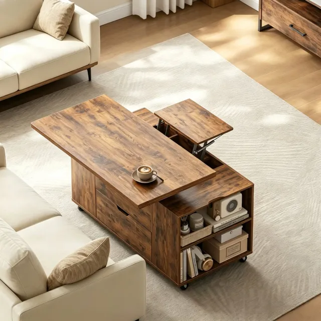 MODENUIT Salontafel - Opklapbaar Bovenblad Met Wielen En Lade - Hout Metaal - 100,5x50,5 Cm - Rustiek Bruin Rustic Brown