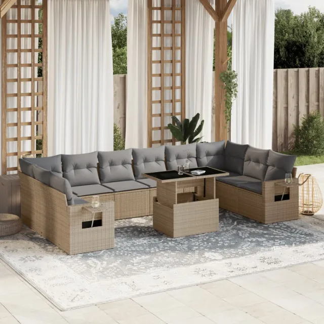 vidaXL 11-delige Tuinset met kussens poly rattan beige, foto 2